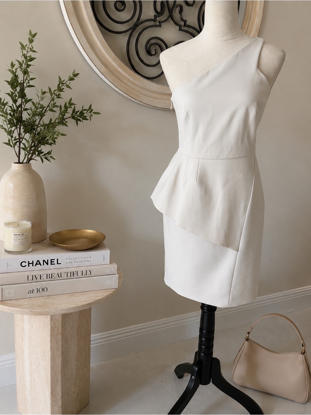 Halston Heritage Ivory One Shoulder Peplum Cocktail Dress Size 4